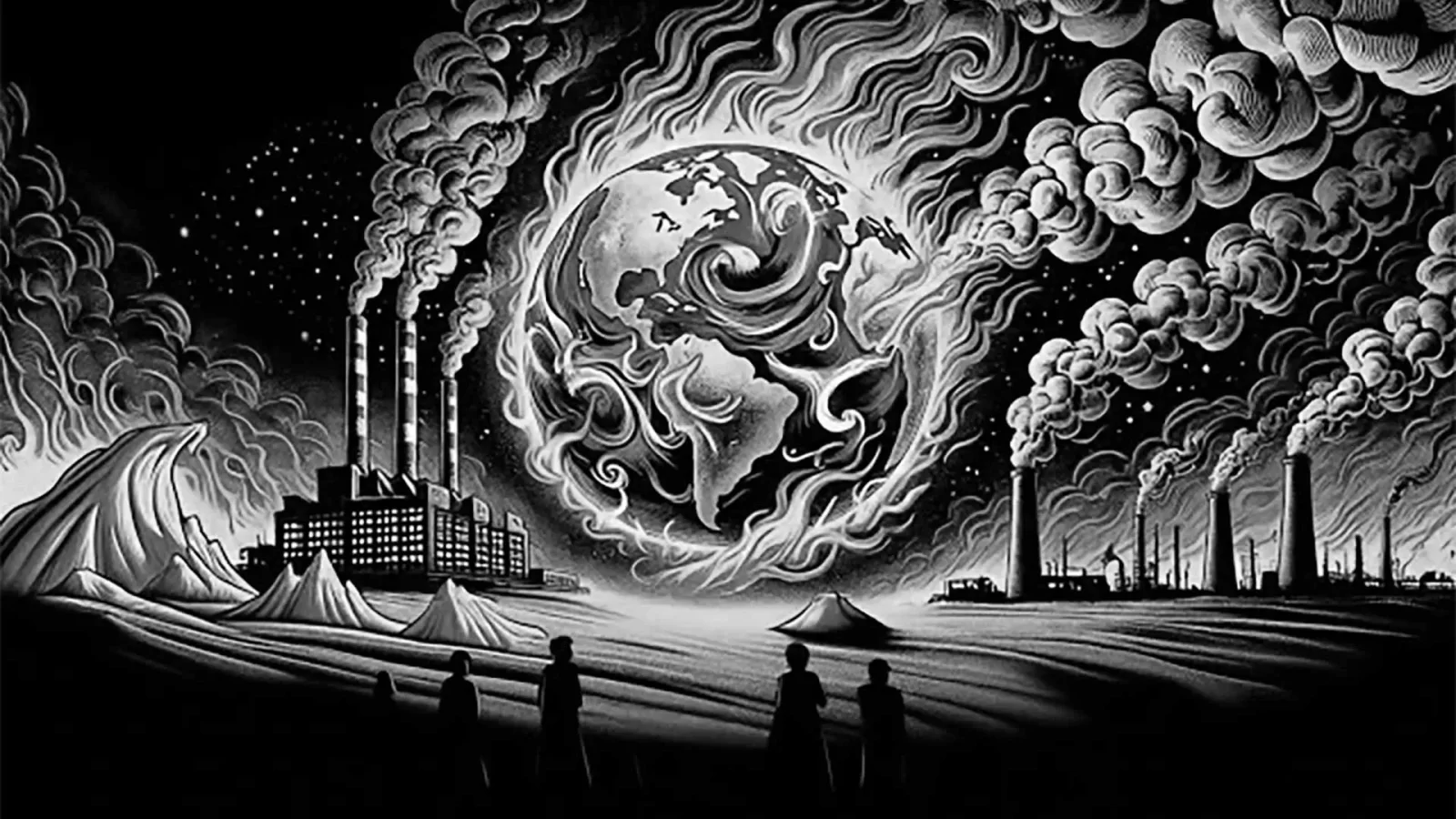 Illustration en noir et blanc de la crise climatique
